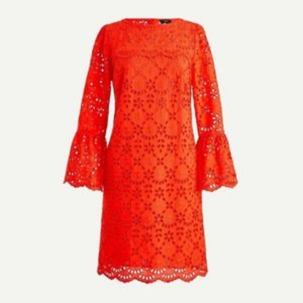 J. Crew Size 4 Bell-sleeve Dress in Embroidered Eyelet Brillant Sunset Red